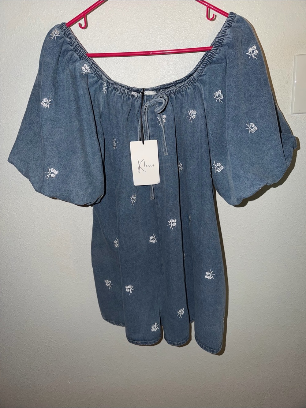 Klesis Lightweight Denim Shorts Romper with White Floral Embroidery Design. NWT
